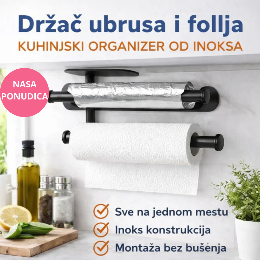 Držač ubrusa i folija – kuhinjski organizer od inoksa (samolepljivi)